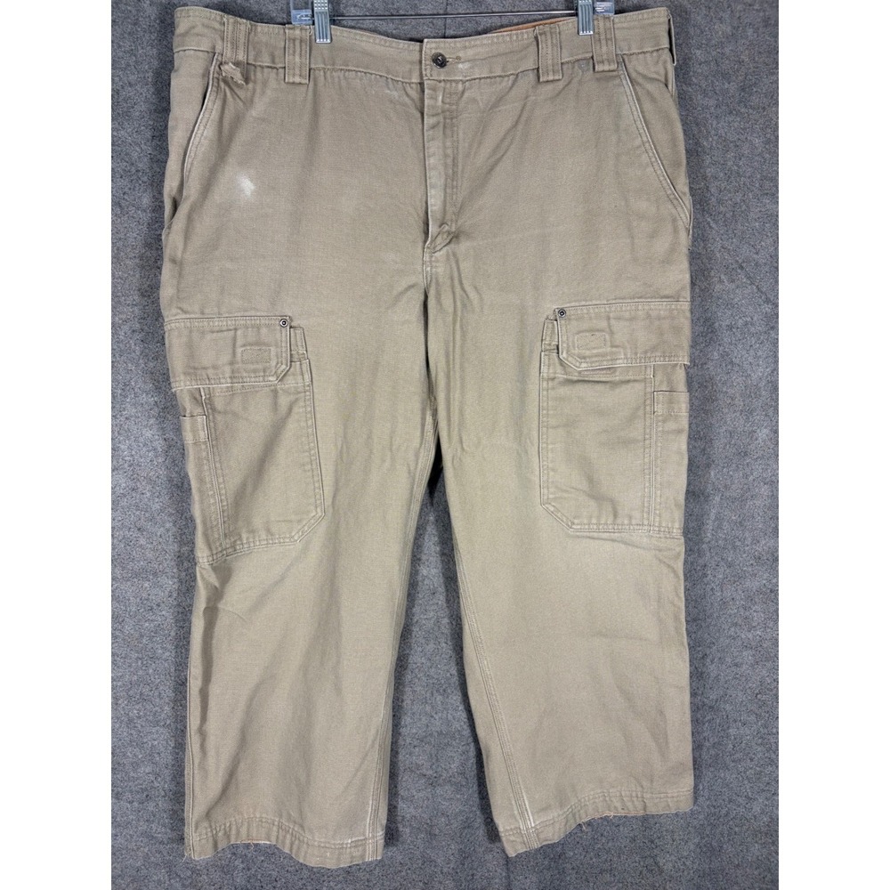 Duluth Trading Co Fire Hose Cargo Work Pants Mens 46x28 Khaki Cotton Canvas